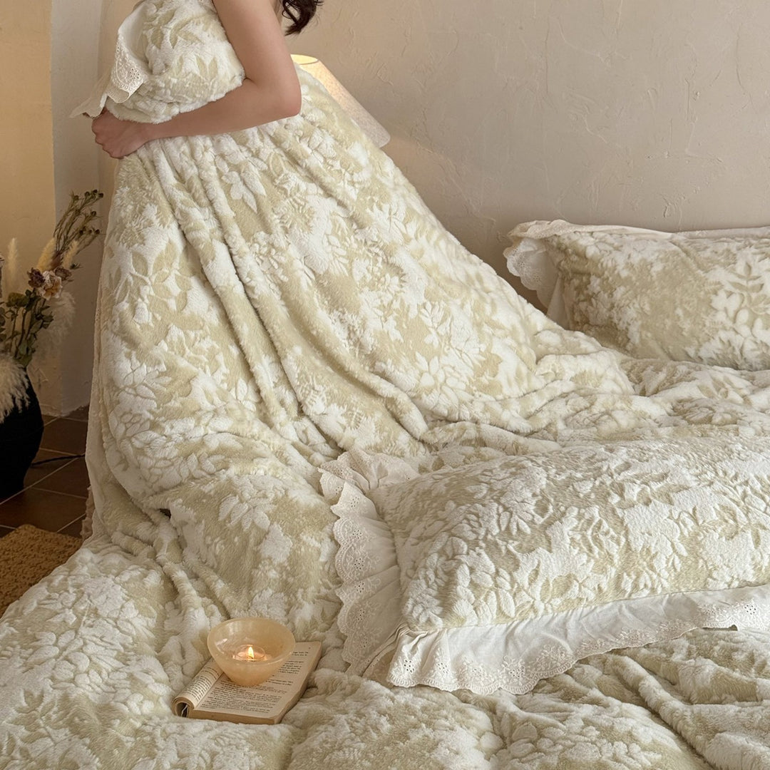 Floral Embossed Plush Jacquard Duvet Cover Set with Scalloped Lace Ruffled Shams