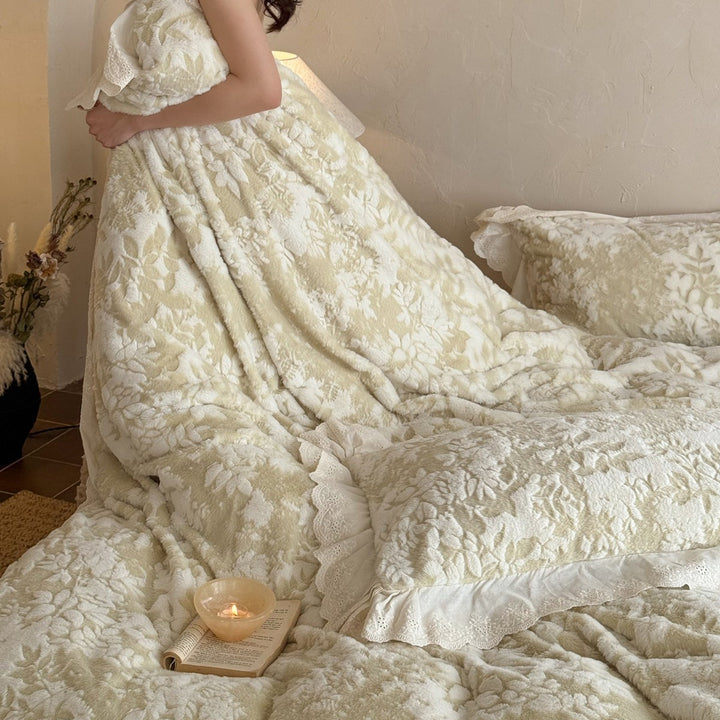 Floral Embossed Plush Jacquard Duvet Cover Set with Scalloped Lace Ruffled Shams
