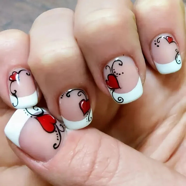 Heart-Embellished French Tip Nail Art Extensions Stornfield