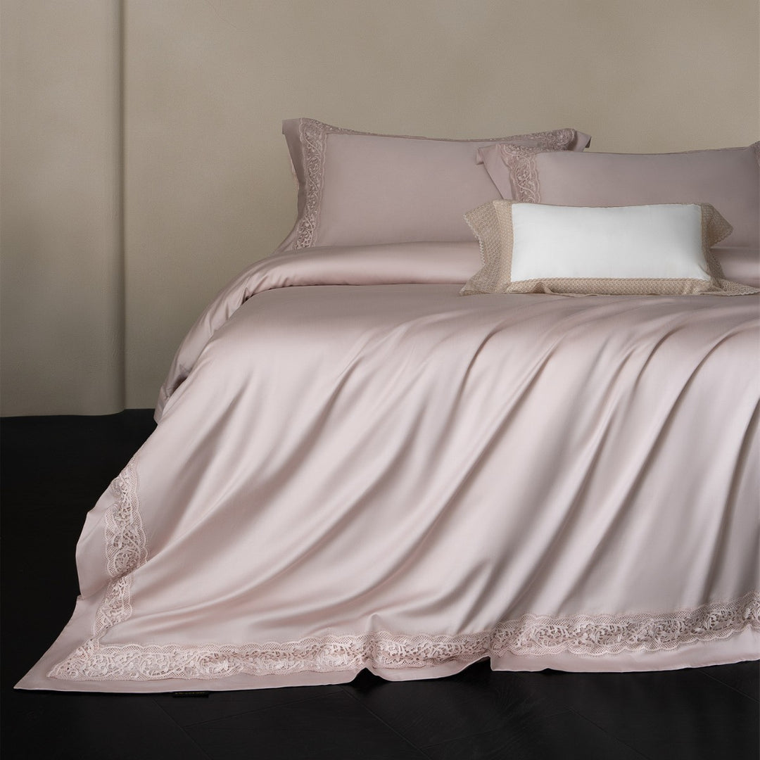 Silky Charmeuse Lace-Trim Duvet Cover Set with Concealed Closure and Matching Shams