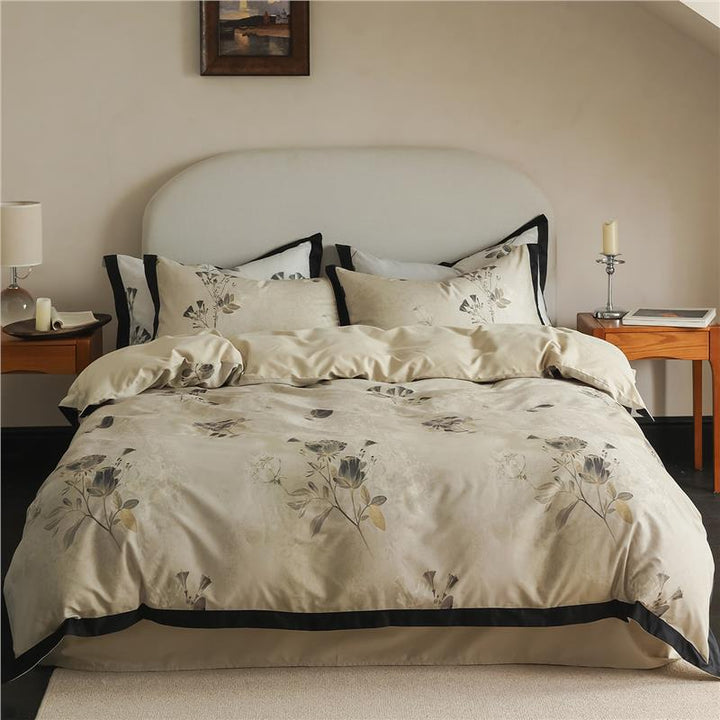 Luxury Cotton-Sateen Botanical Duvet Cover Set with Contrast Piped Hem & Euro Shams