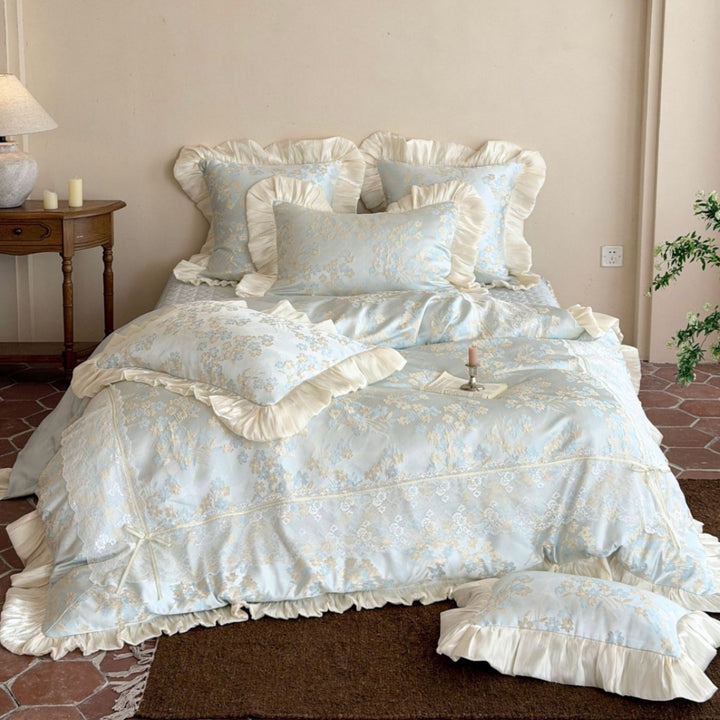 Ruffled Jacquard Floral Satin-Trim Duvet Cover & Sham Set