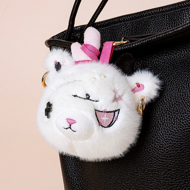 Faux-Fur Bunny Charm Key Fob with Embroidered Patchwork Face and Gold Metal Ring Stornfield