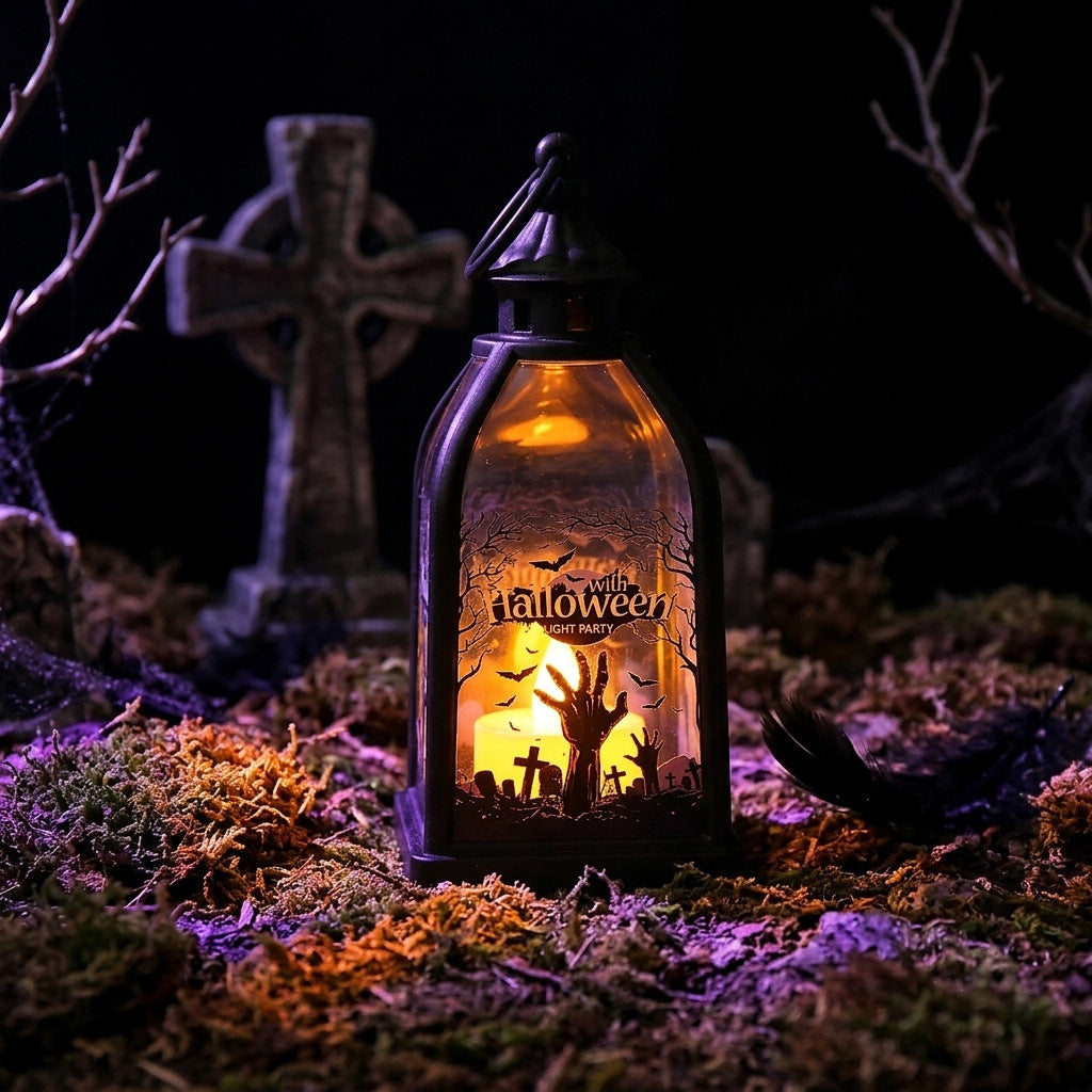 Halloween-Decorative lantern with LED imitation candle and skeleton glass inserts antique look