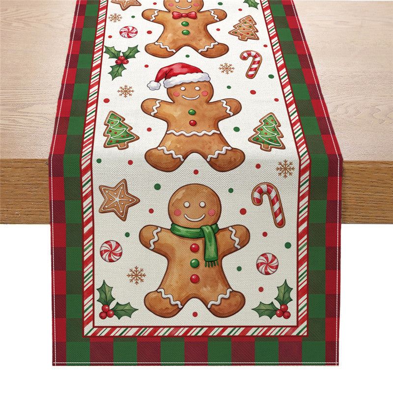 Festive Cotton-Linen Christmas Table Runner with Santa Truck and Snowman Illustration