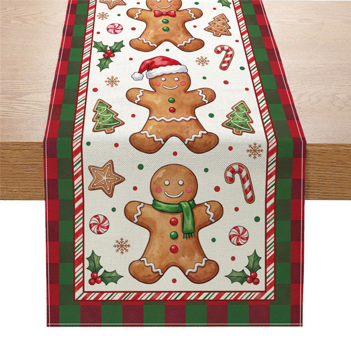 Festive Cotton-Linen Christmas Table Runner with Santa Truck and Snowman Illustration
