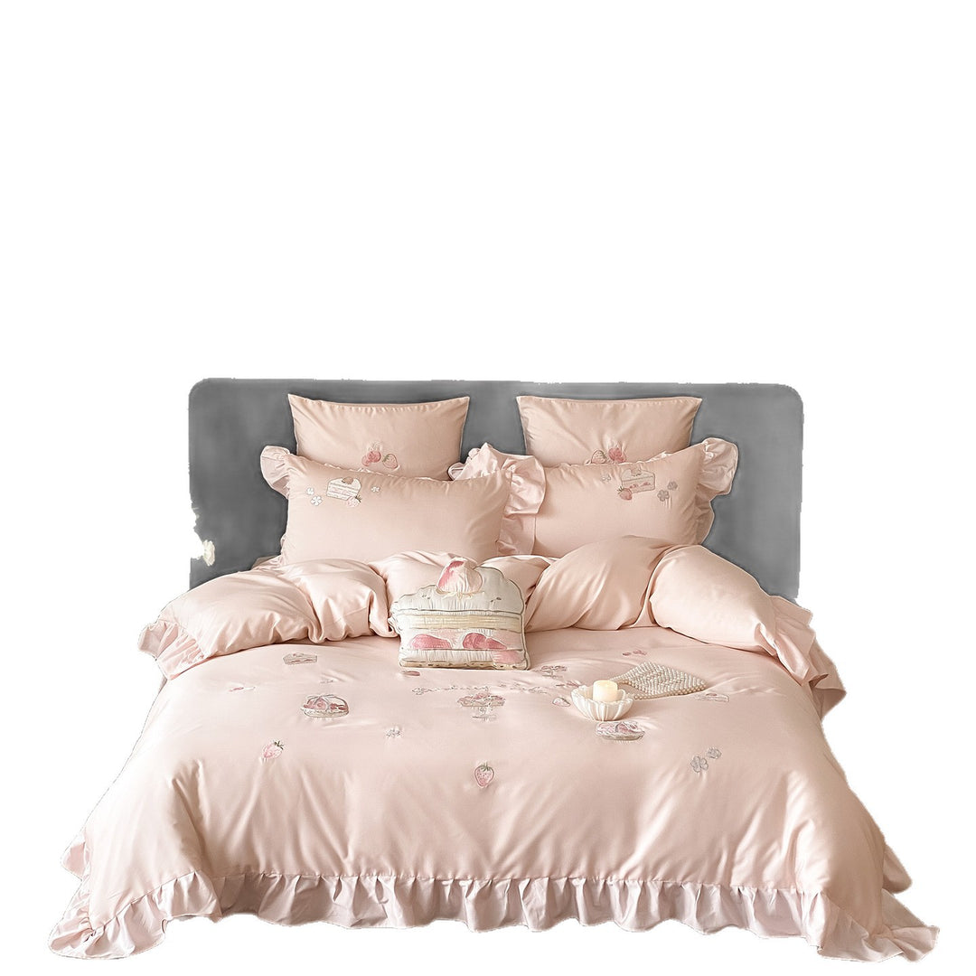 Luxurious satin bedding set with ruffles and hand-like dessert embroidery