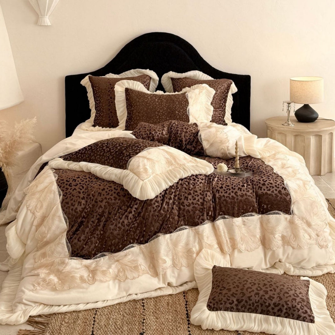 Luxury Ruffled Leopard Velvet Comforter Set with Decorative Shams and Accent Pillow