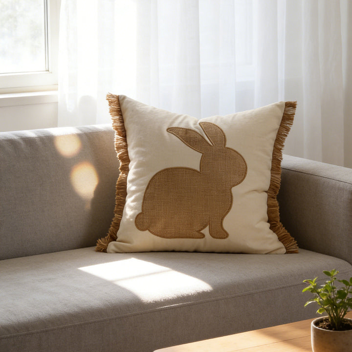 Tufted Bunny Appliqué Lumbar Throw Pillow Cover with Pom-Pom Tail