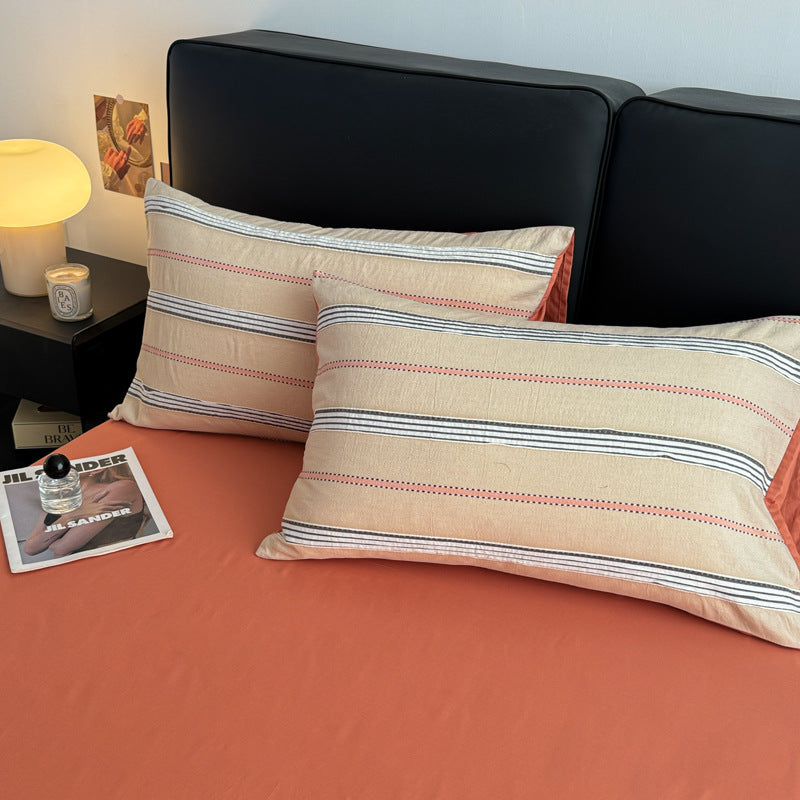 Striped cotton bedding set with washed finish, breathable percale & reversible function