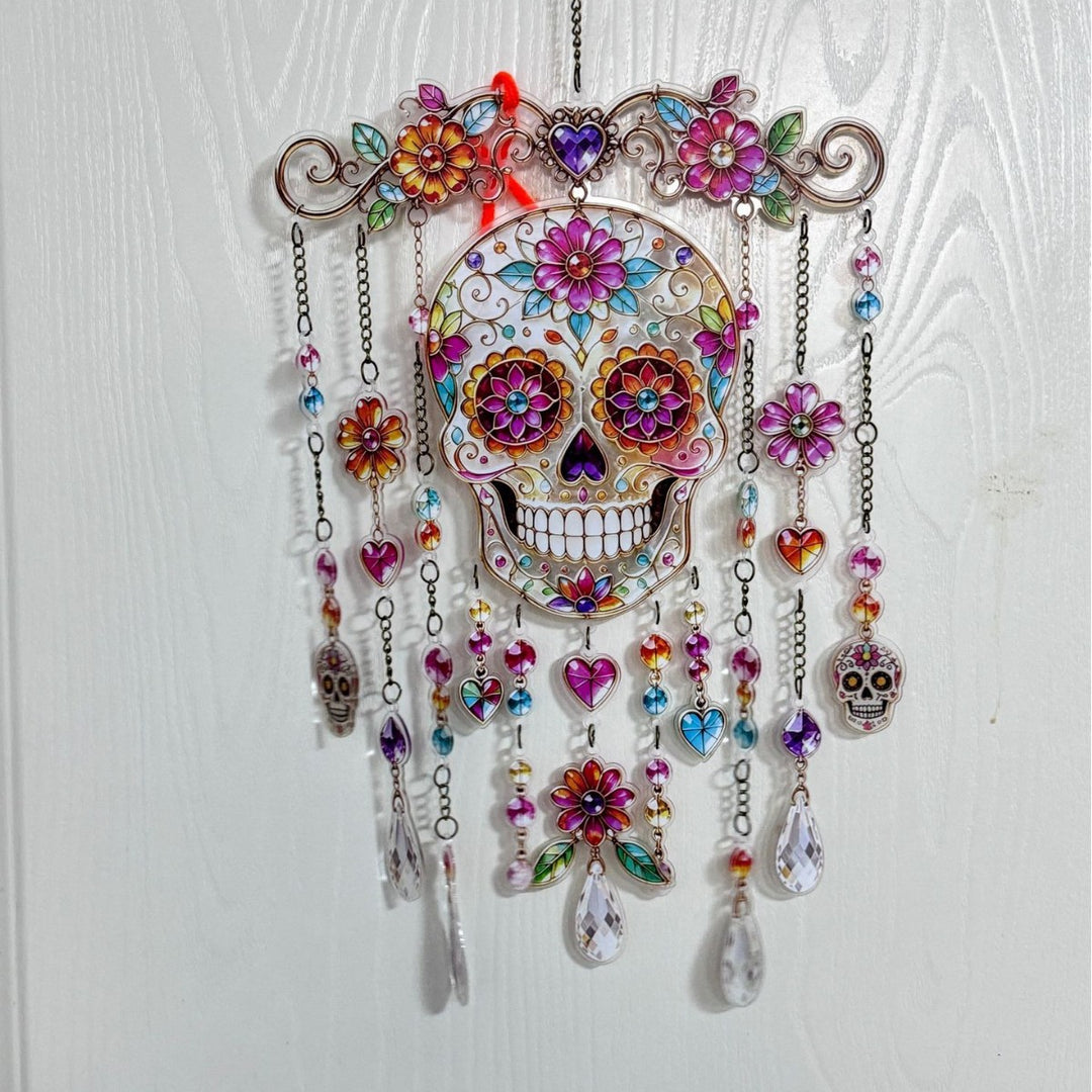 Colorful skull wall decoration in the Day of the Dead style with acrylic beads and crystal pendants