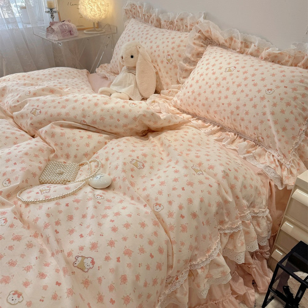 Ruffled Floral Lace-Trim Duvet Cover Set with Pillow Shams