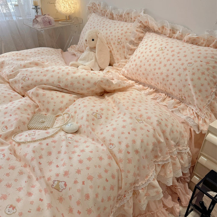 Ruffled Floral Lace-Trim Duvet Cover Set with Pillow Shams