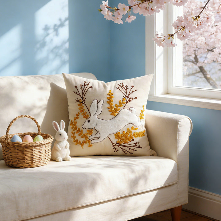 Embroidered Bunny Linen Blend Lumbar Throw Pillow with Tassel Corners