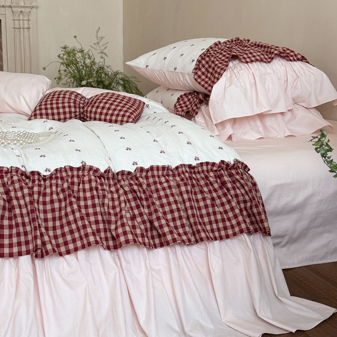 Ruffled Gingham-Trim Cotton Duvet Cover Set with Bed Skirt and Decorative Pillow Shams