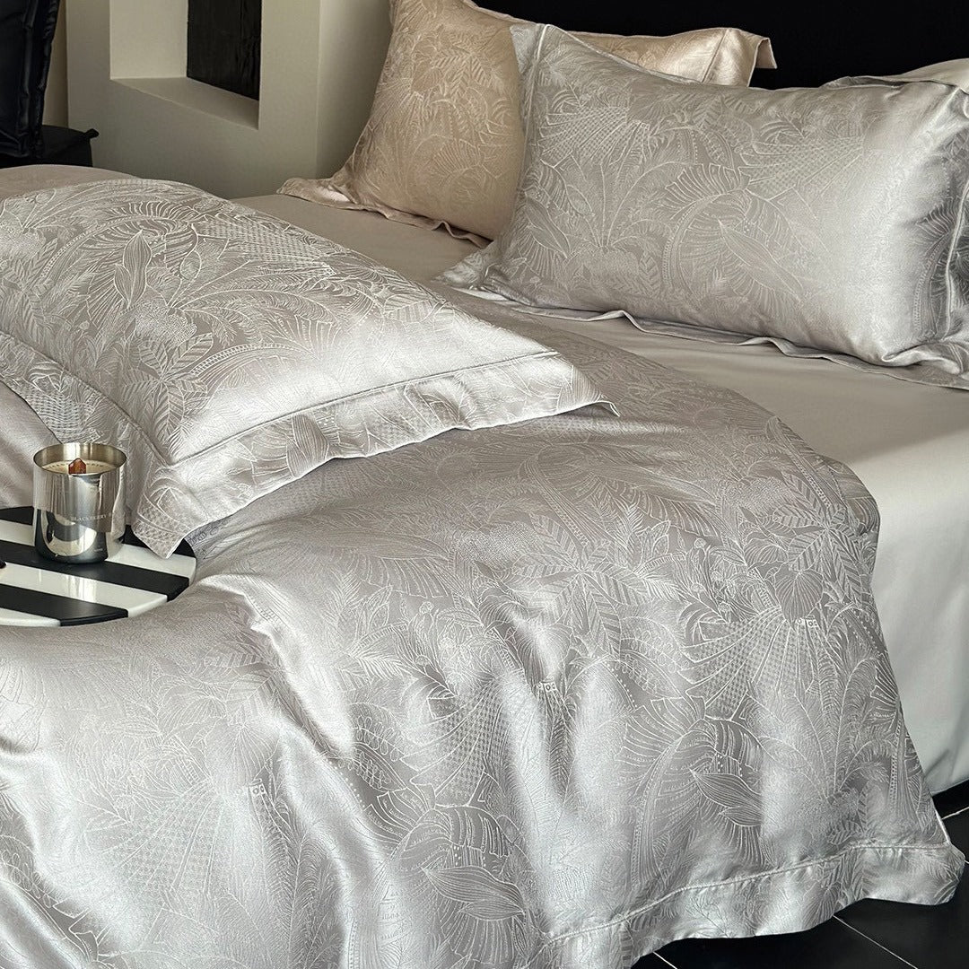 Satin-Jacquard Botanical Duvet Cover Ensemble
