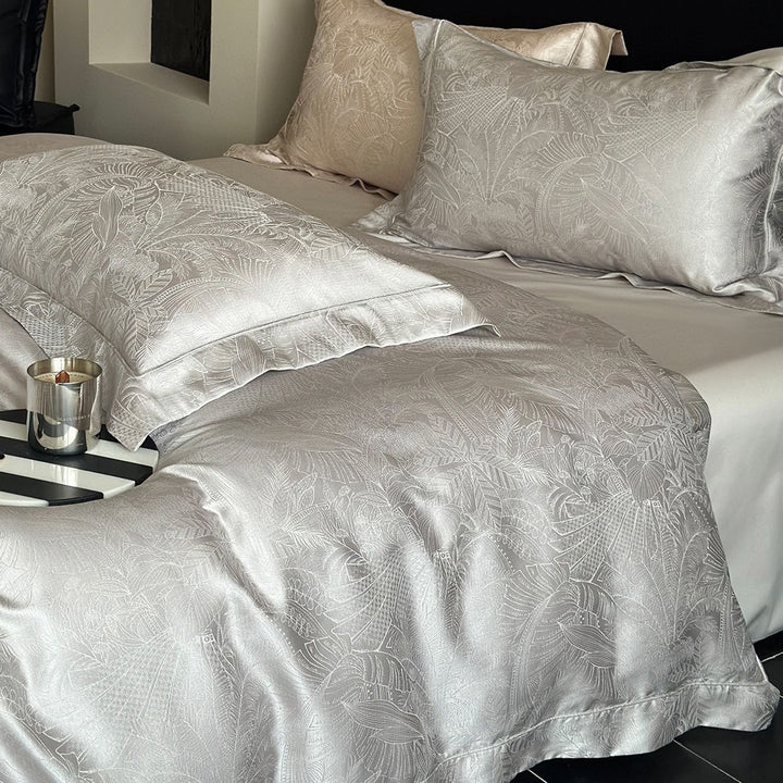 Satin-Jacquard Botanical Duvet Cover Ensemble