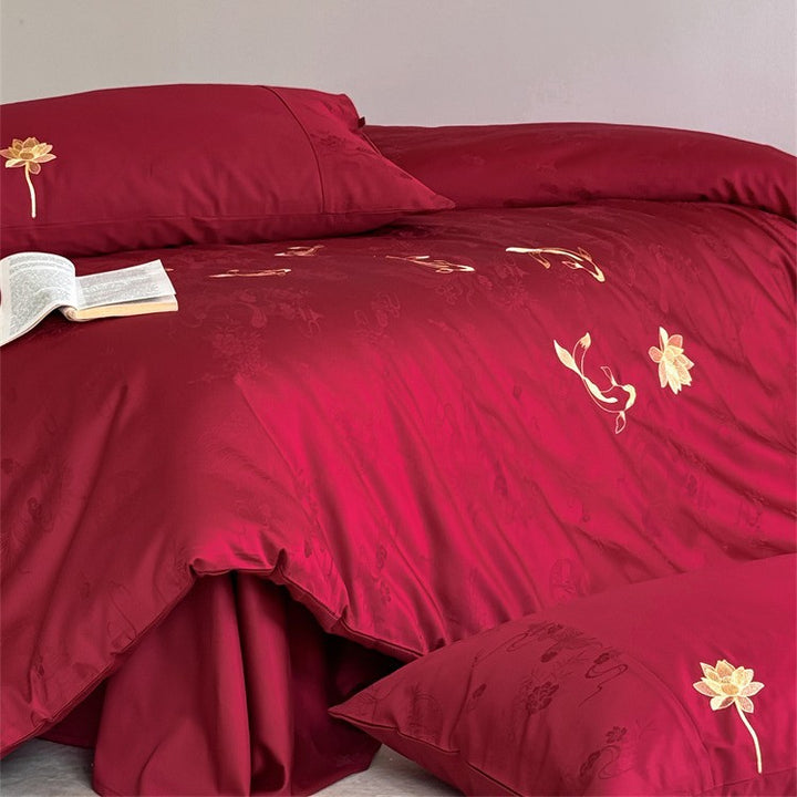 Cotton Satin Bed Cover Set with Fine Lotus Embroidery and Silky Soft Feel Stornfield