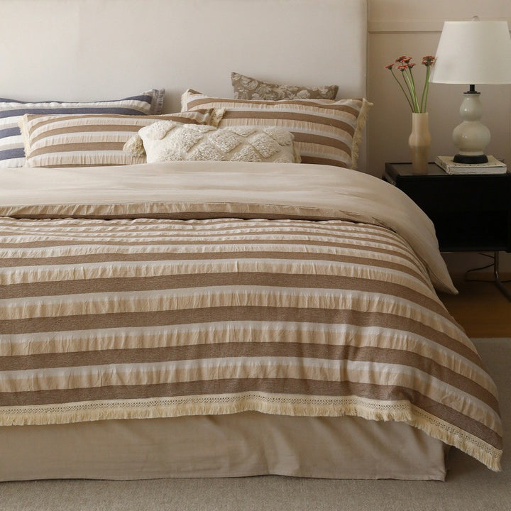 Striped Cotton-Linen Duvet Cover Set with Textured Fringe Trim
