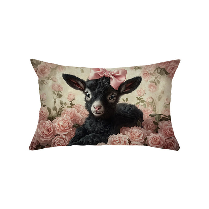 Decorative Rectangular Cotton-Linen Pillow Cover with Kitten Garden Illustration