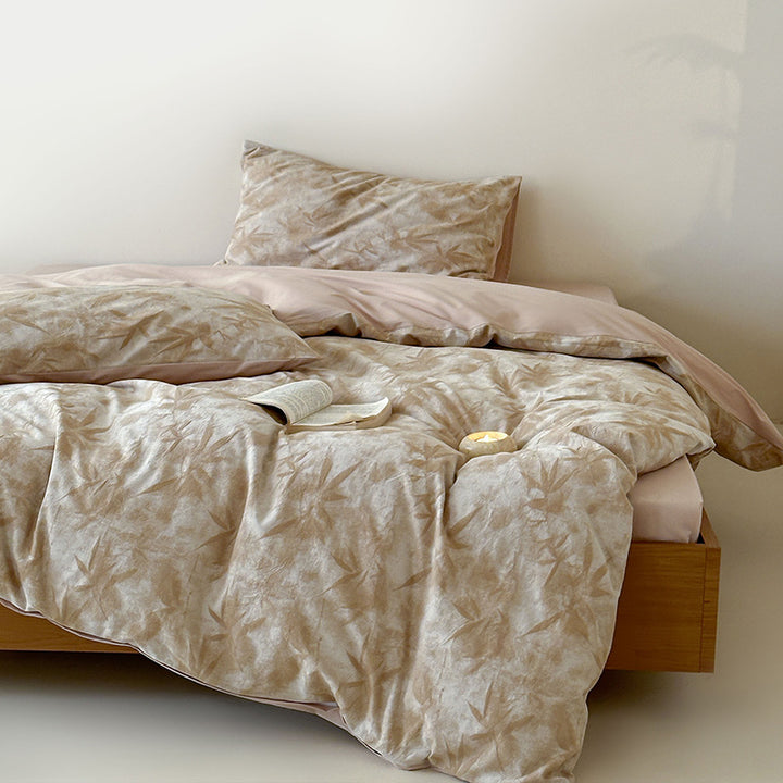 Cotton velvet duvet cover set with subtle leaf texture and reversible function