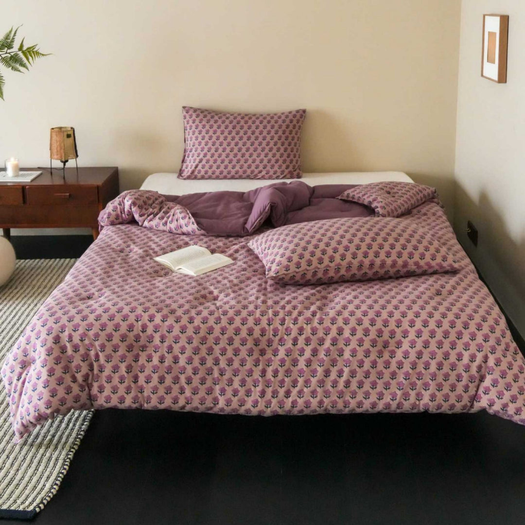 Floral Printed Cotton Duvet Cover Bedding Set with Reversible Lined Comforter Panel and Envelope Pillowcases