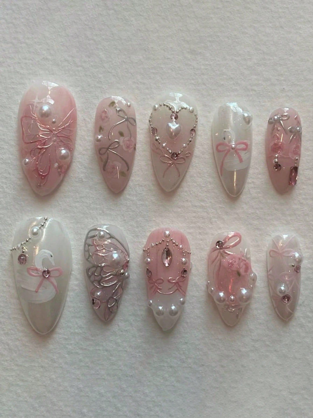 Decorative 3D Bow and Pearl Press-On Nail Art Stornfield