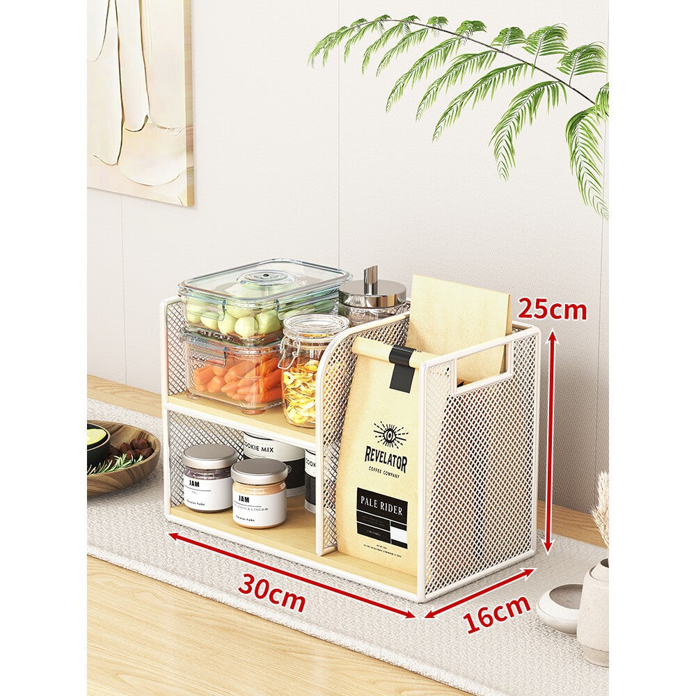 Metal Mesh Countertop Pantry Organizer with Multi-Tier Shelves and Vertical Bag Compartment