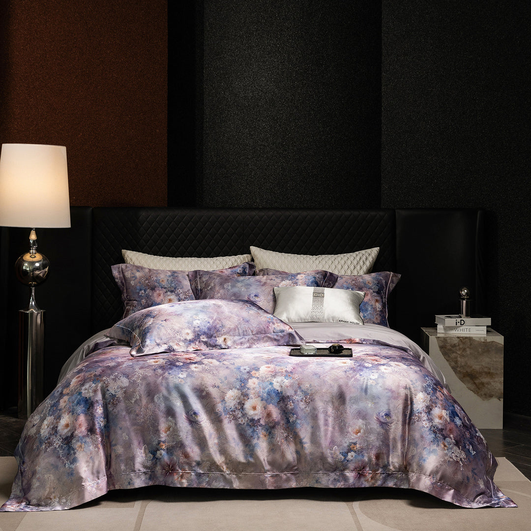 Satin bedding set in watercolor floral pattern with silky smooth finish