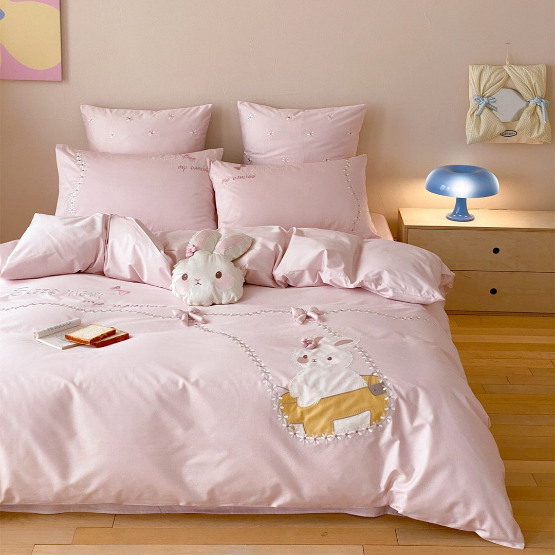 Bunny Appliqué Cotton Sateen Duvet Cover Set with Embroidered Floral Trails & Decorative Sham