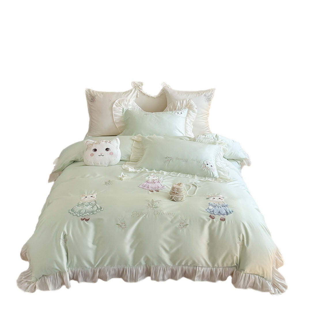 Satin bedding set with ruffles and cat embroidery