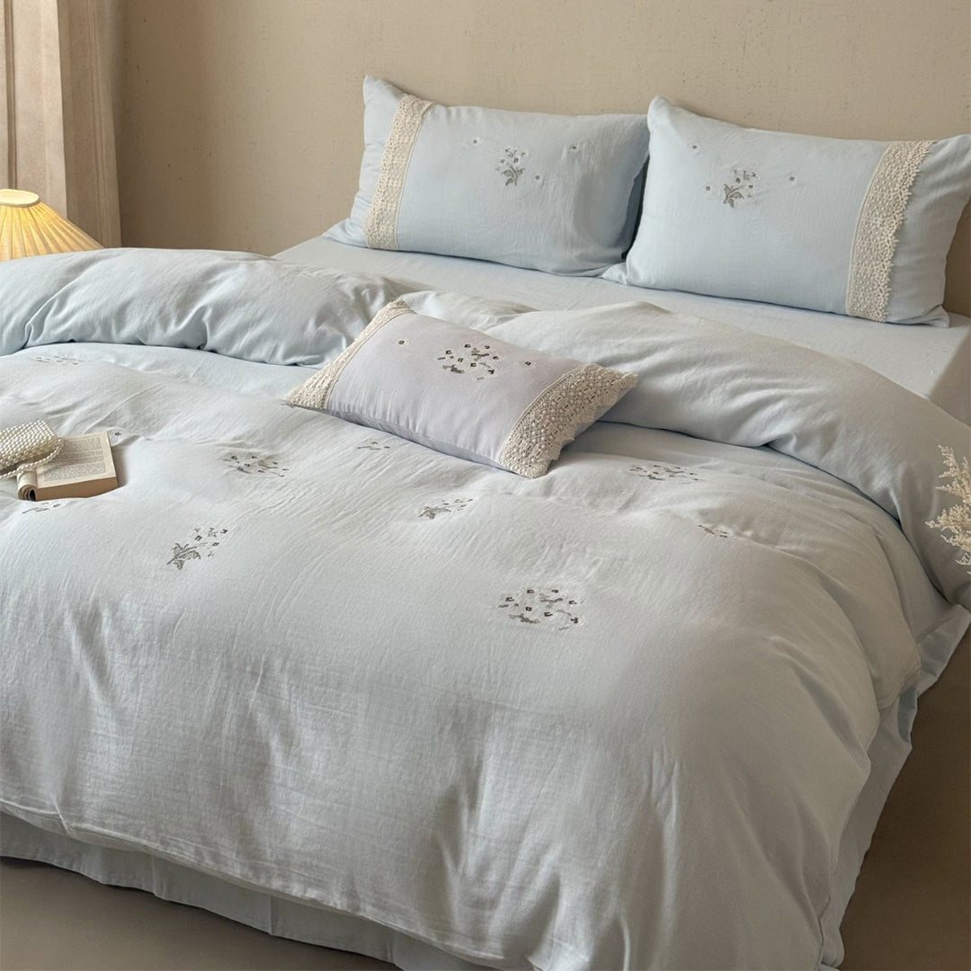 Embroidered Cotton-Linen Duvet Cover Set with Crochet Lace Trim & Pillow Shams