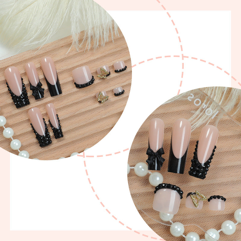 Elegant Press-On Nail Art Set with Decorative Bows and Crystal Accents Stornfield