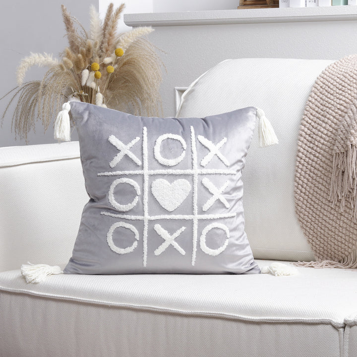 Plush Heart Appliqué Tassel Corner Decorative Throw Pillow Cover