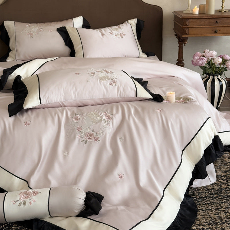 Embroidered Floral Ruffled Edge Duvet Cover and Pillow Sham Set
