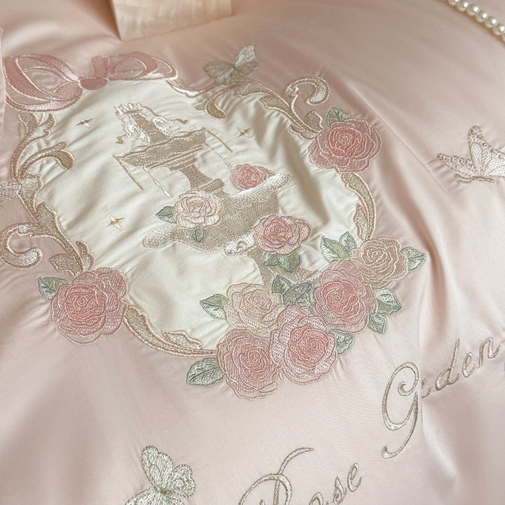Rose-Embroidered Satin-Blend Ruffled Duvet Cover Set with Lace-Inset Border & Matching Shams
