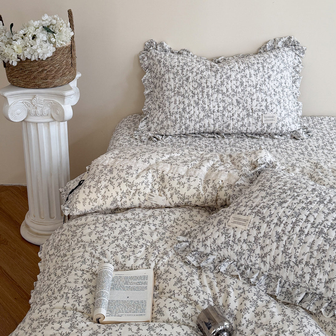 Quilted Floral Cotton Ruffle Duvet and Sham Set