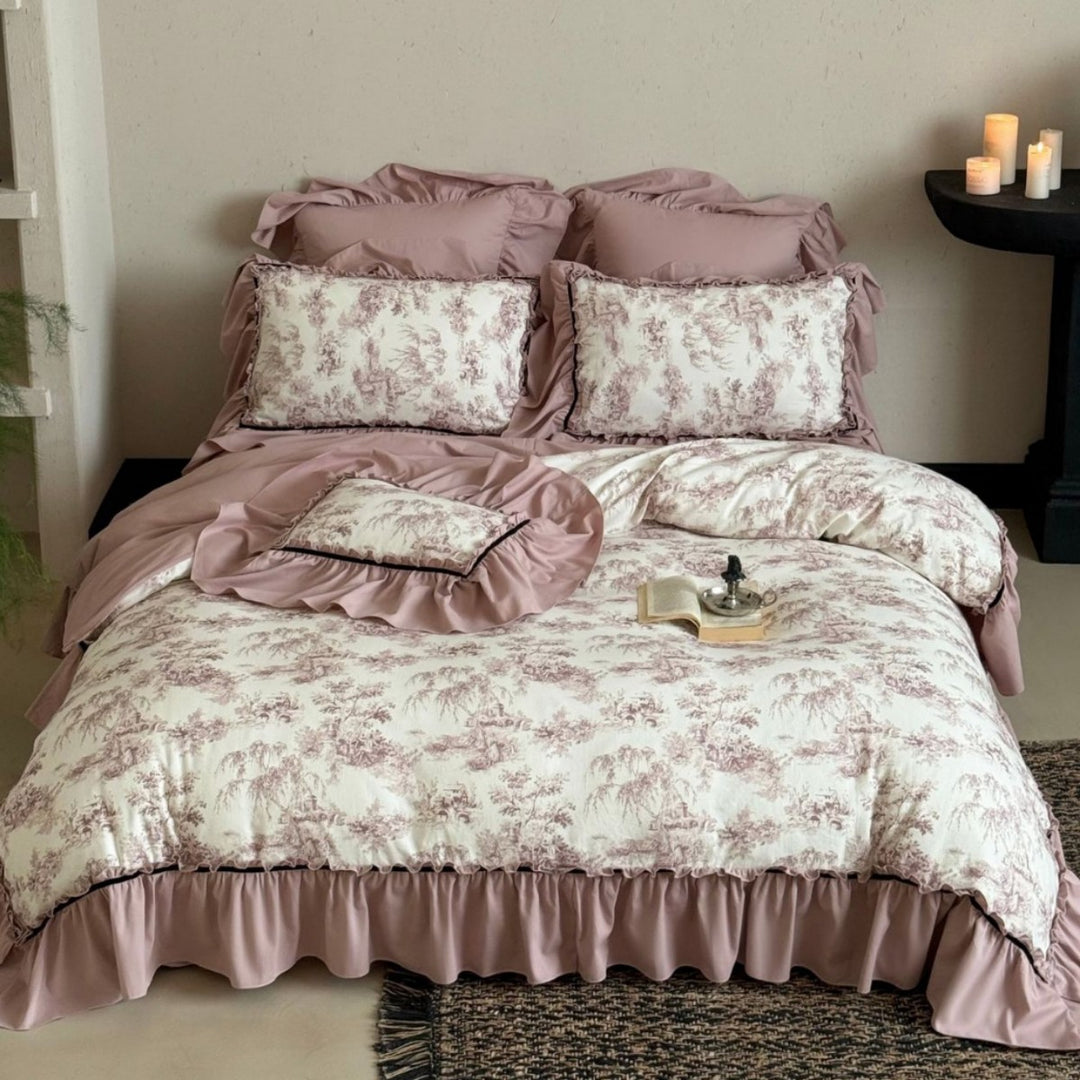 Bedding set with ruffles and toile pattern
