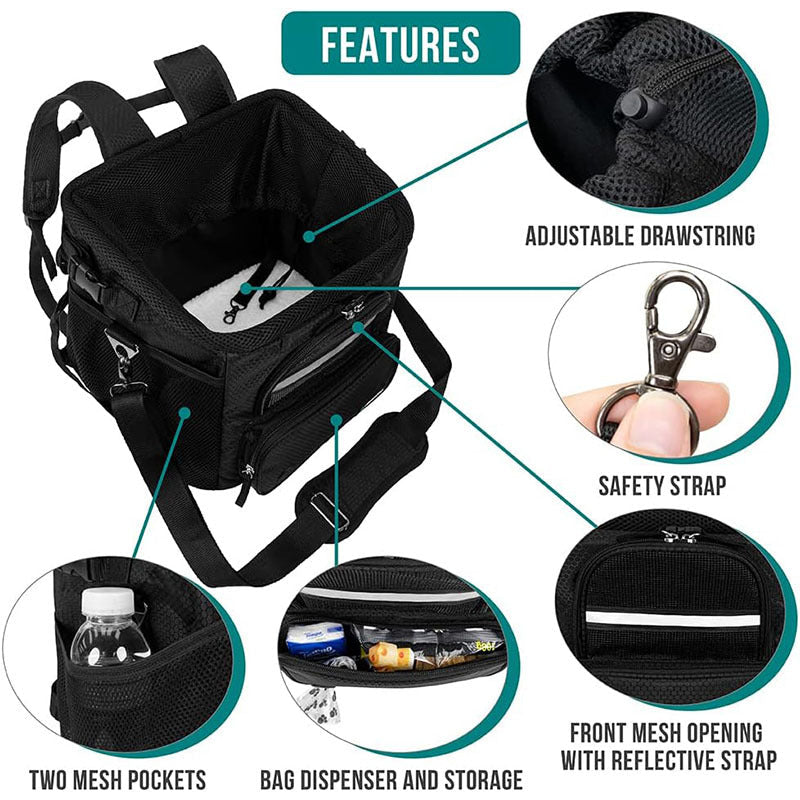 rectangular insulated pet travel tote with drawstring mesh canopy front-access pocket and adjustable padded shoulder strap Stornfield