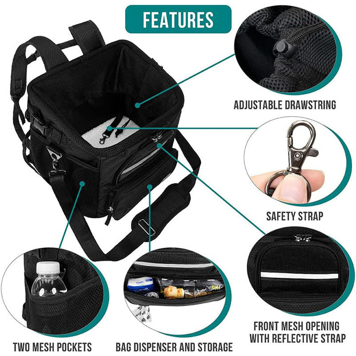 rectangular insulated pet travel tote with drawstring mesh canopy front-access pocket and adjustable padded shoulder strap Stornfield