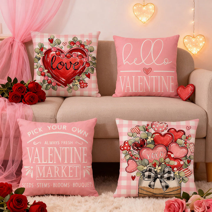 Valentine's Buffalo-Check Cotton-Linen Decorative Pillow Covers Set