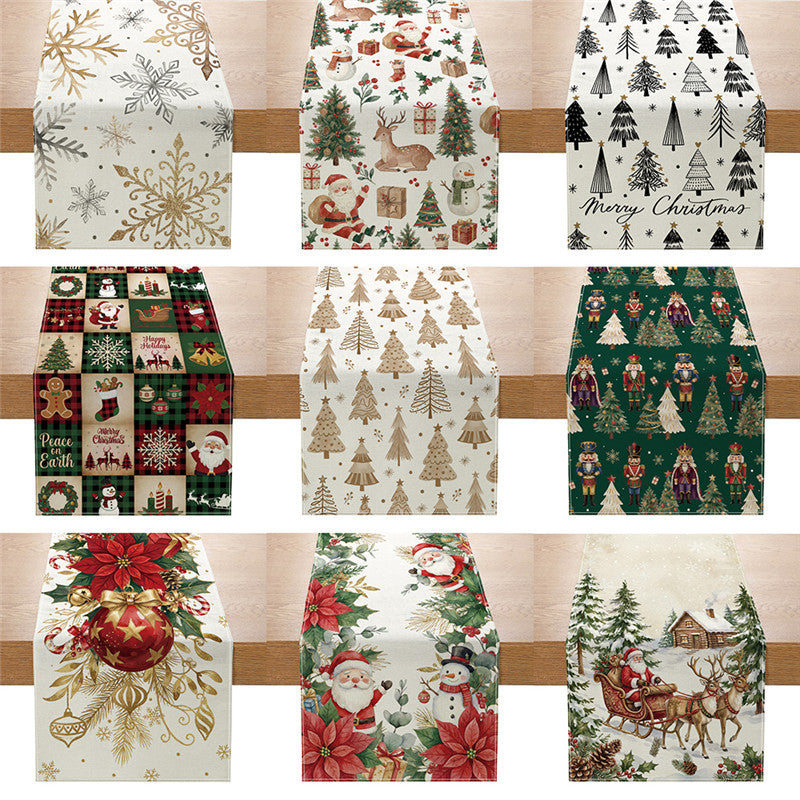 Festive Cotton-Blend Table Runner with Nutcracker and Christmas Tree Print