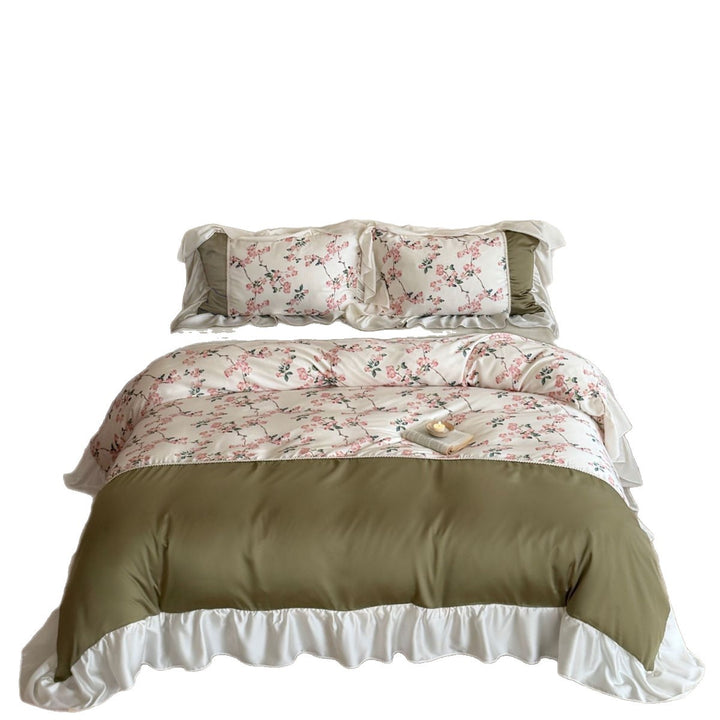 Reversible Botanical Blossom Duvet Cover with Satin Ruffle Pillow Sham Set
