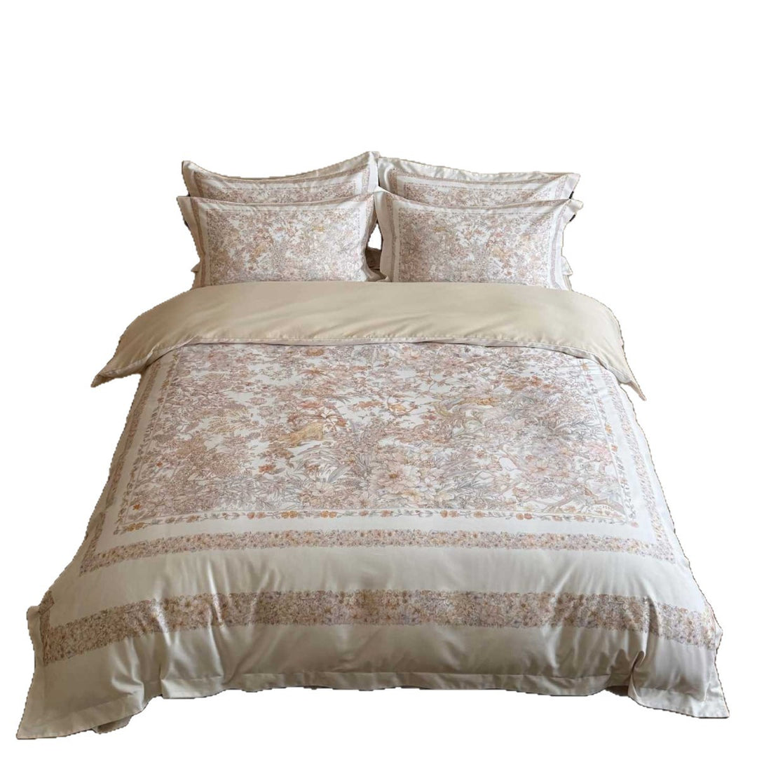 Luxury Cotton Sateen Floral Duvet Cover Set with Framed Border Pillow Shams
