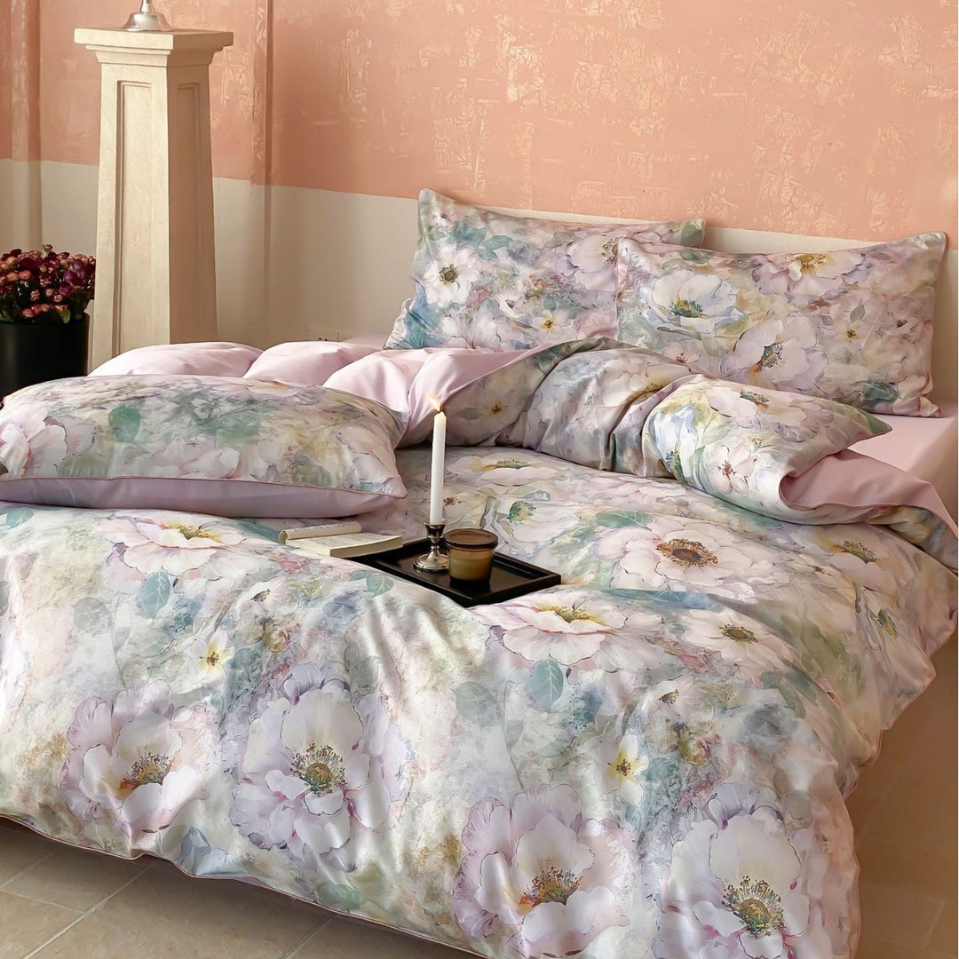 Luxurious cotton satin bedding set with large floral botanical print