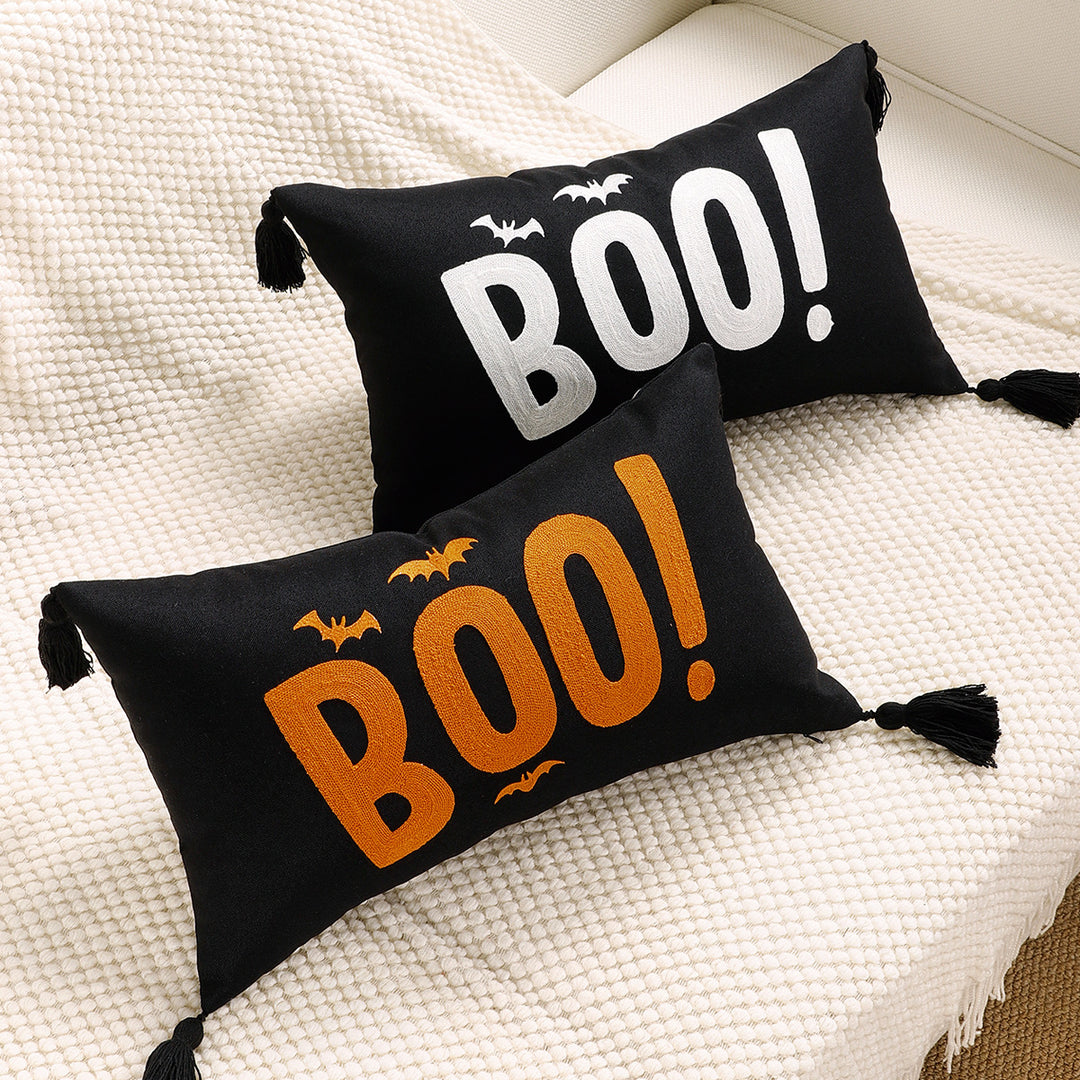 Halloween BOO Cotton-Linen Lumbar Accent Pillow Cover with Corner Tassels
