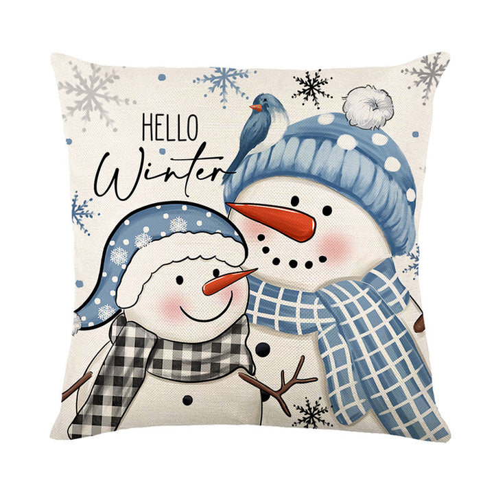 Seasonal Winter Decorative Throw Pillow Cover with 'Let It Snow' Script and Snowman Illustration