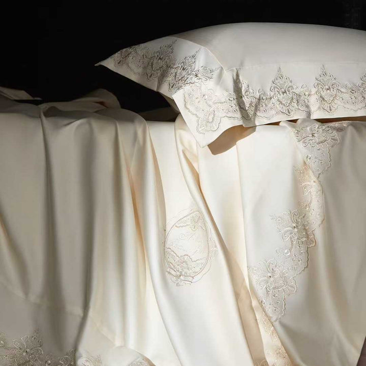 Luxury Satin-Feel Embroidered Lace-Trim Bedding Duvet Comforter Set