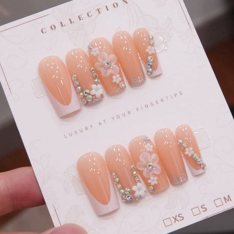Luxury Press-On Nail Art Set with Floral and Gem Accents