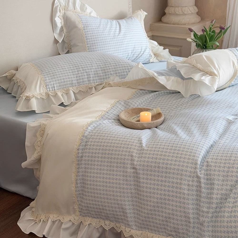 Ruffled Houndstooth Cotton-Sateen Duvet Cover Set